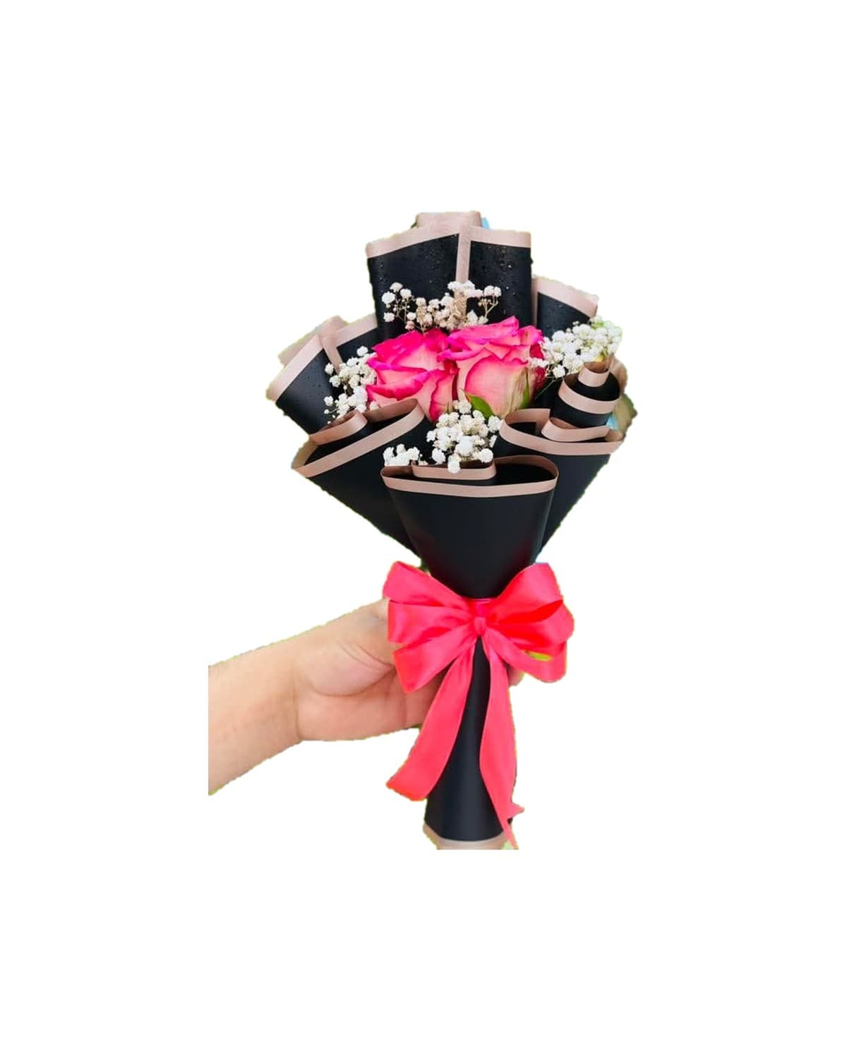 Petit bouquet de deux roses naturelles fuchsia, emballage noir et rose, nœud rouge