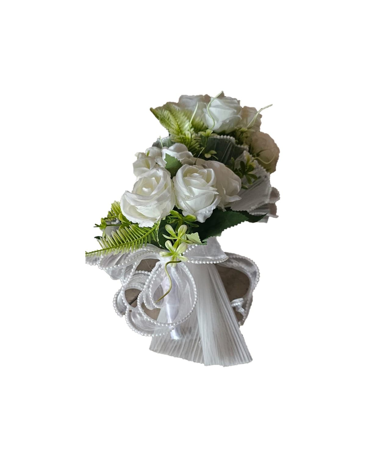 Jeter blanc classique pour arroussa en roses artificielles avec manche plissé et ruban perlé